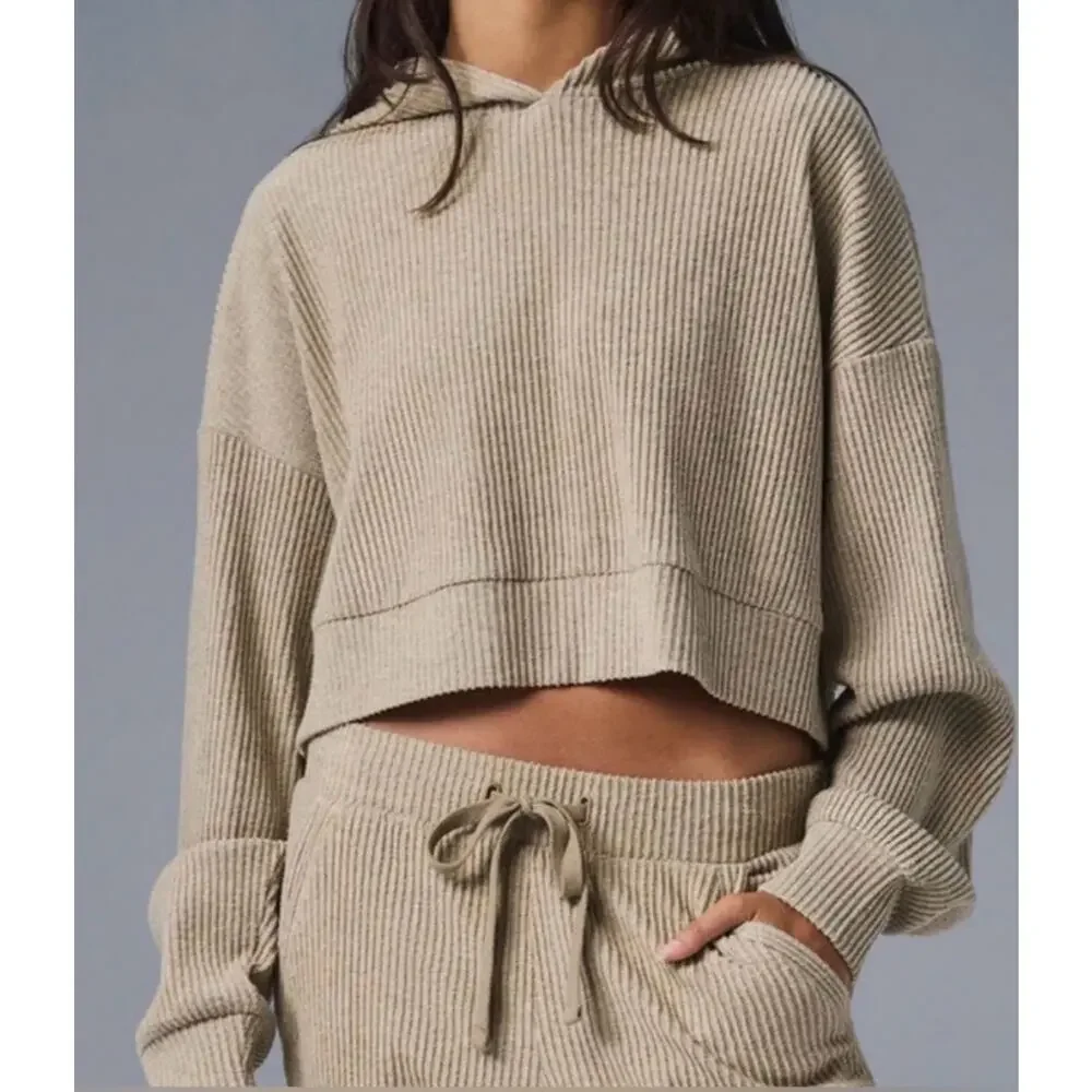 Alo Yoga Muse Hoodie Ribbed Gravel Heather Cropped Sweatshirt XS Athleisure